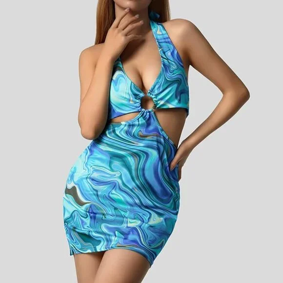 Nicduck | Dresses | Sexy Blue Green Marble Print Halter Sleeveless Deep V  Neck Party Club Dress | Poshmark